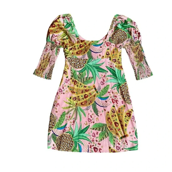 Farm Rio Pink Tropical Fruits Puff Sleeve Sweetheart Mini Dress XS - Picture 10 of 16